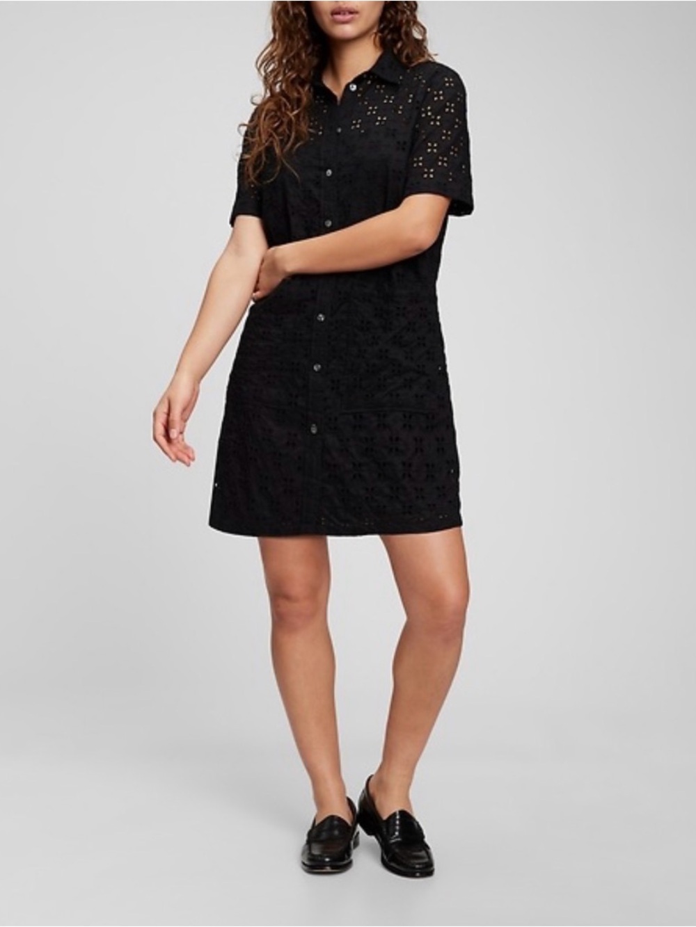 Gap Black Eyelet Crochet Embroidered Button Down Shirt Dress Chore Pockets Boho